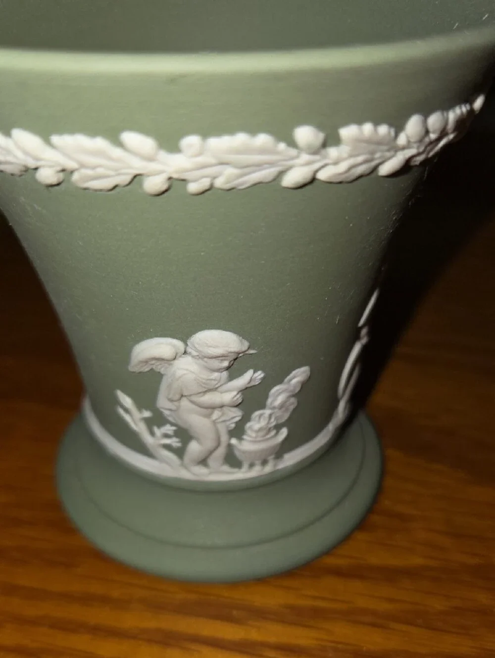 Vtg Wedgwood Green Jasperware Vase with White Classical Relief
